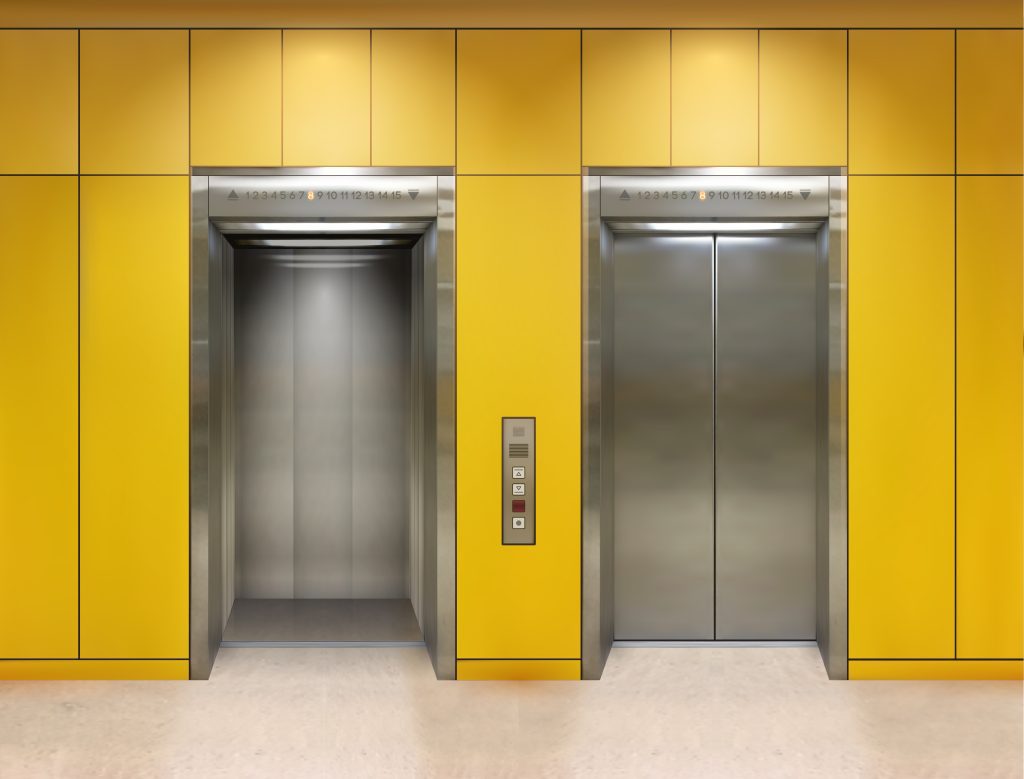 Chrome,Metal,Office,Building,Elevator,Doors.,Open,And,Closed,Variant.