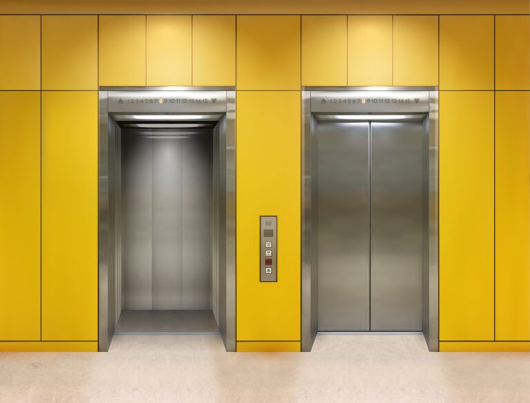 Chrome,Metal,Office,Building,Elevator,Doors.,Open,And,Closed,Variant.