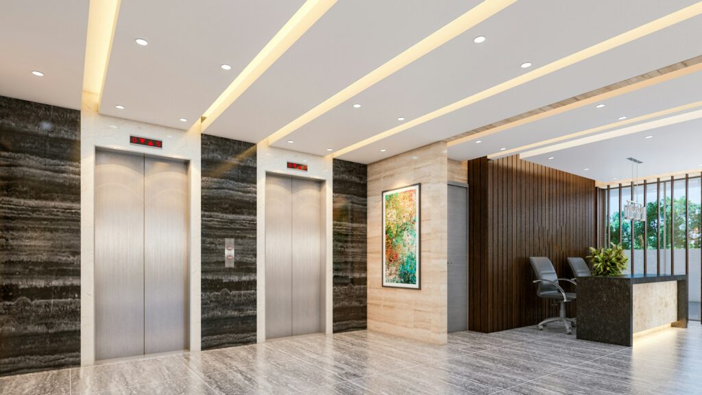Office reception with passenger lift doors
